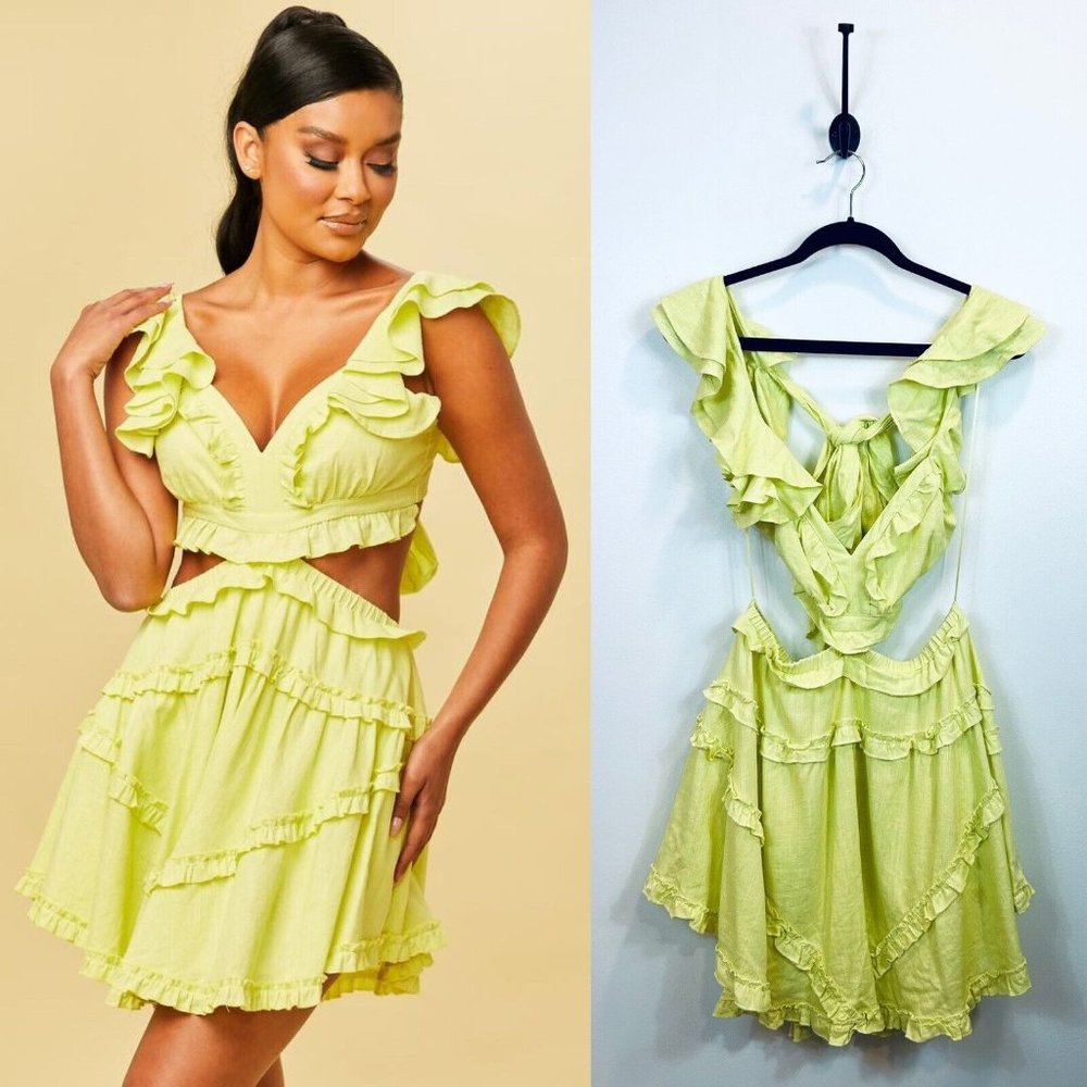 NWT‎ Edite Mode Elegant Summer Yellow V-Neck Ruffle Cut-Out Dress Yellow Large